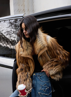 LEDIM WANG芬兰进口sagafurs红狐狸毛皮草外套女短款金棕色翻领