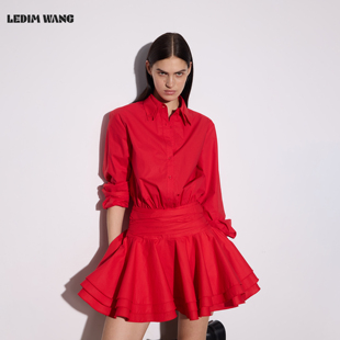 连衣裙女2026早春新款 荷叶边衬衫 红色A摆收腰短裙 WANG法式 LEDIM