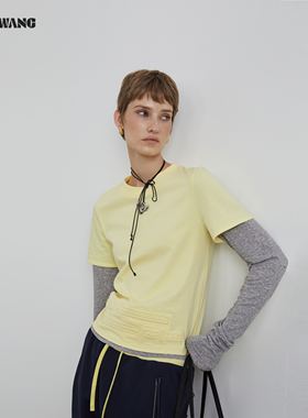 LEDIM WANG红标/撞色假两件长袖T恤女25冬季新款黄色休闲百搭上衣