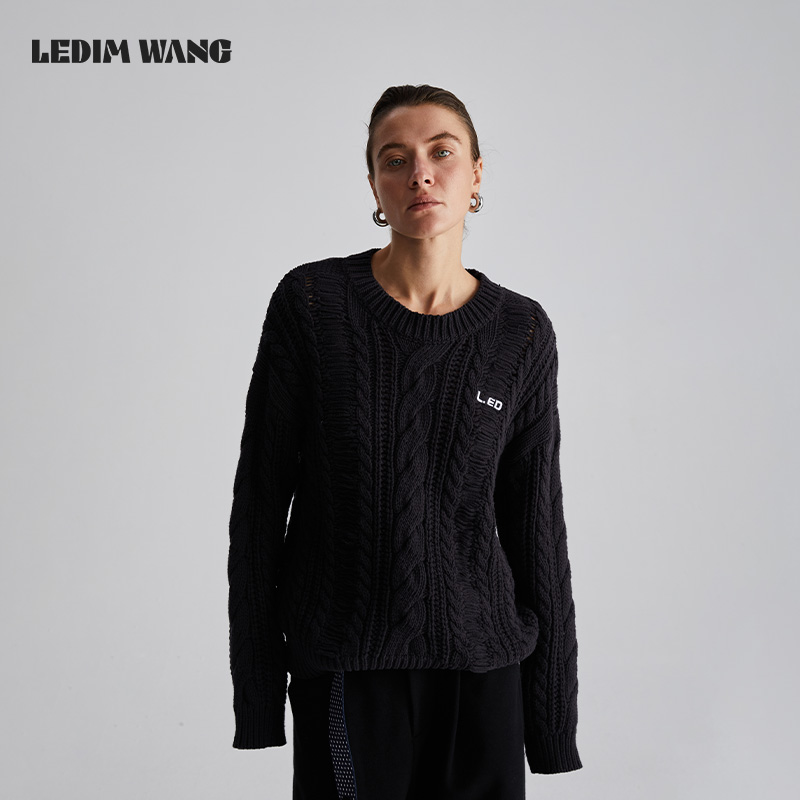 LEDIM WANG撞色刺绣麻花套头毛衣女2024冬季新款软糯舒适保暖百搭
