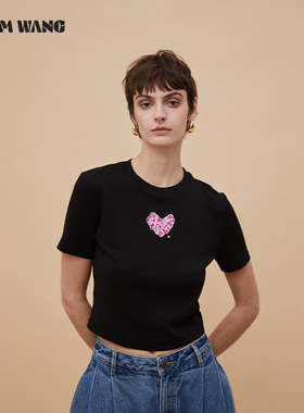 LEDIM WANG怦然心动修身T恤爱心印花黑色圆领短袖内搭男女同款