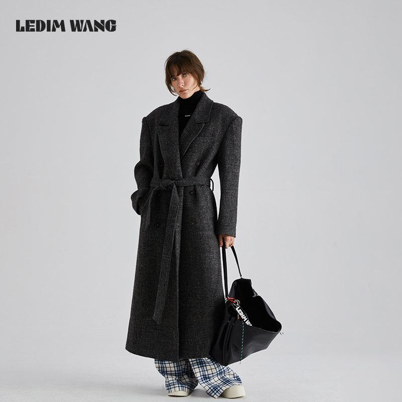 LEDIM WANG灰色毛呢外套女2024秋季新款高级感气质长款绵羊毛大衣