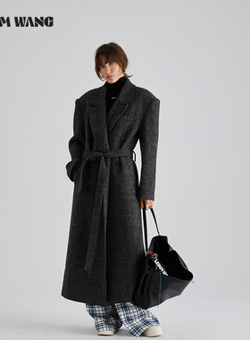 LEDIM WANG灰色毛呢外套女2024秋季新款高级感气质长款绵羊毛大衣