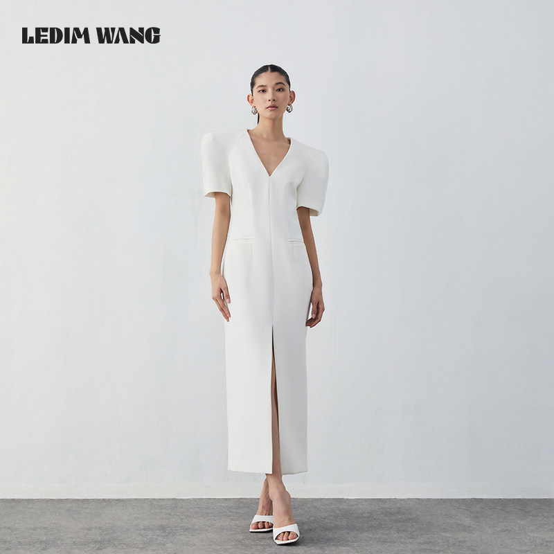 LEDIM WANG立体垫肩V领连衣裙女2024春夏新款设计师原创开叉长裙