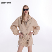 连衣裙女2026春新款 LEDIM WANG户外收腰长袖 卡其色机能风抽绳短裙