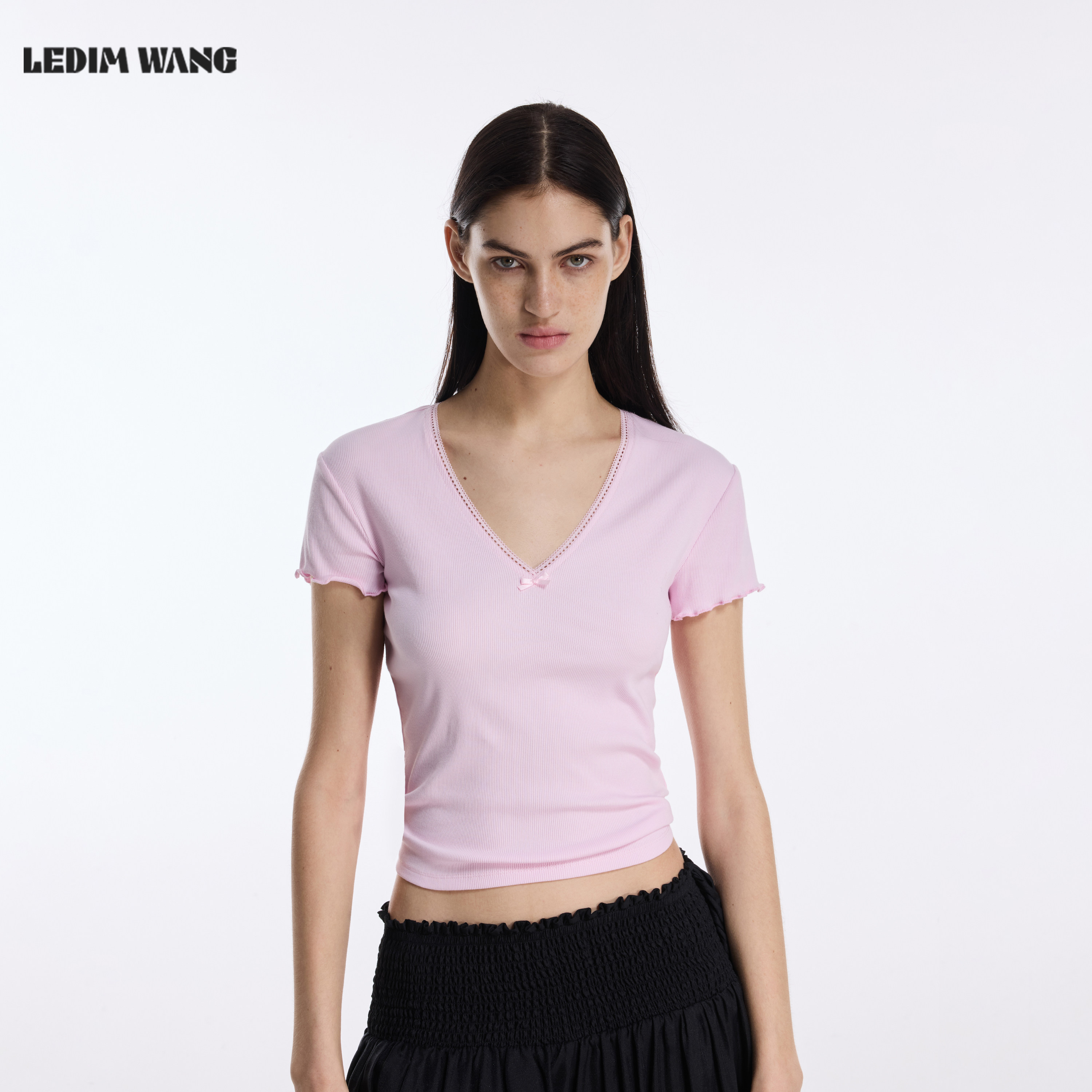 LEDIM WANG蕾丝边V领修身T恤女26夏季粉色新款修身显瘦短袖上衣