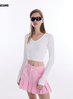 LEDIM WANG学院风格纹百褶半身裙女2026春新款粉色A摆辣妹短裙