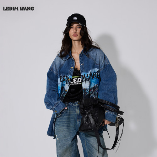 LEDIMWANG复古洗水印花牛仔外套