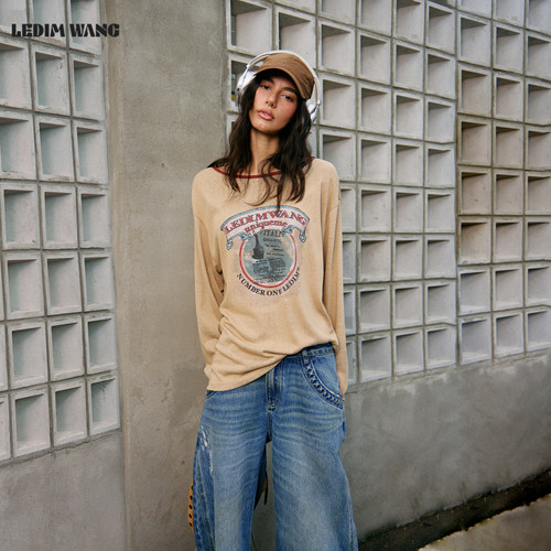 LEDIMWANG美式复古印花T恤女
