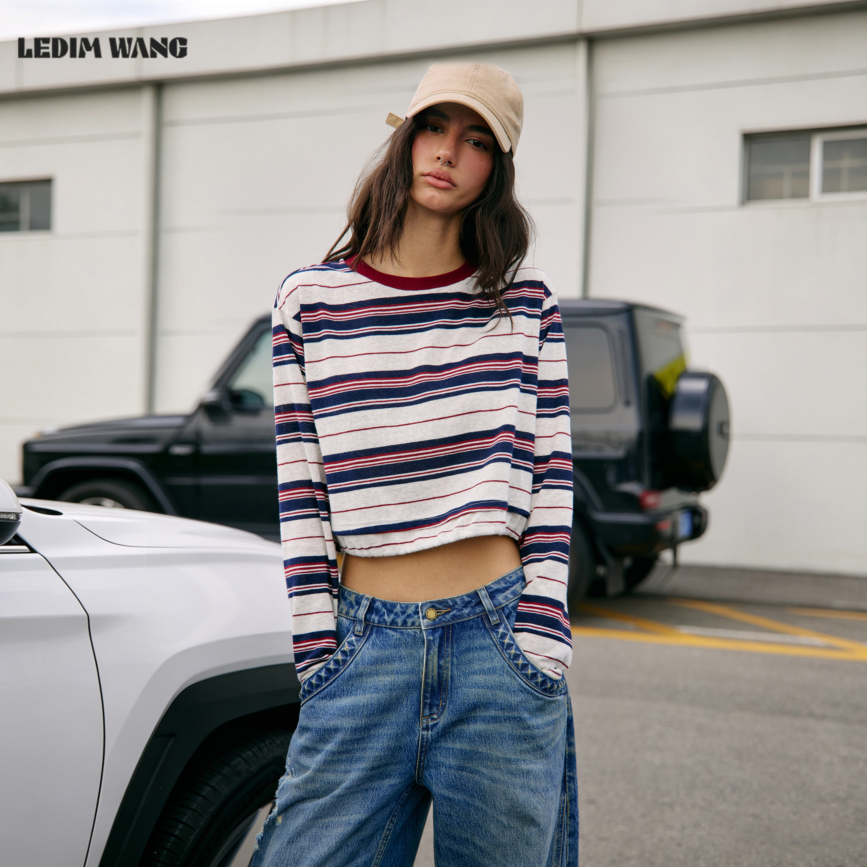 LEDIMWANG美式复古条纹T恤女图片
