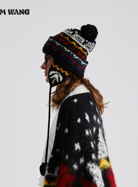LEDIM WANG毛球提花针织帽女冬季新款毛线帽圣诞新年软糯护耳帽子