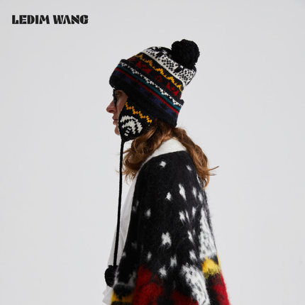 LEDIM WANG毛球提花针织帽女冬季新款毛线帽圣诞新年软糯护耳帽子