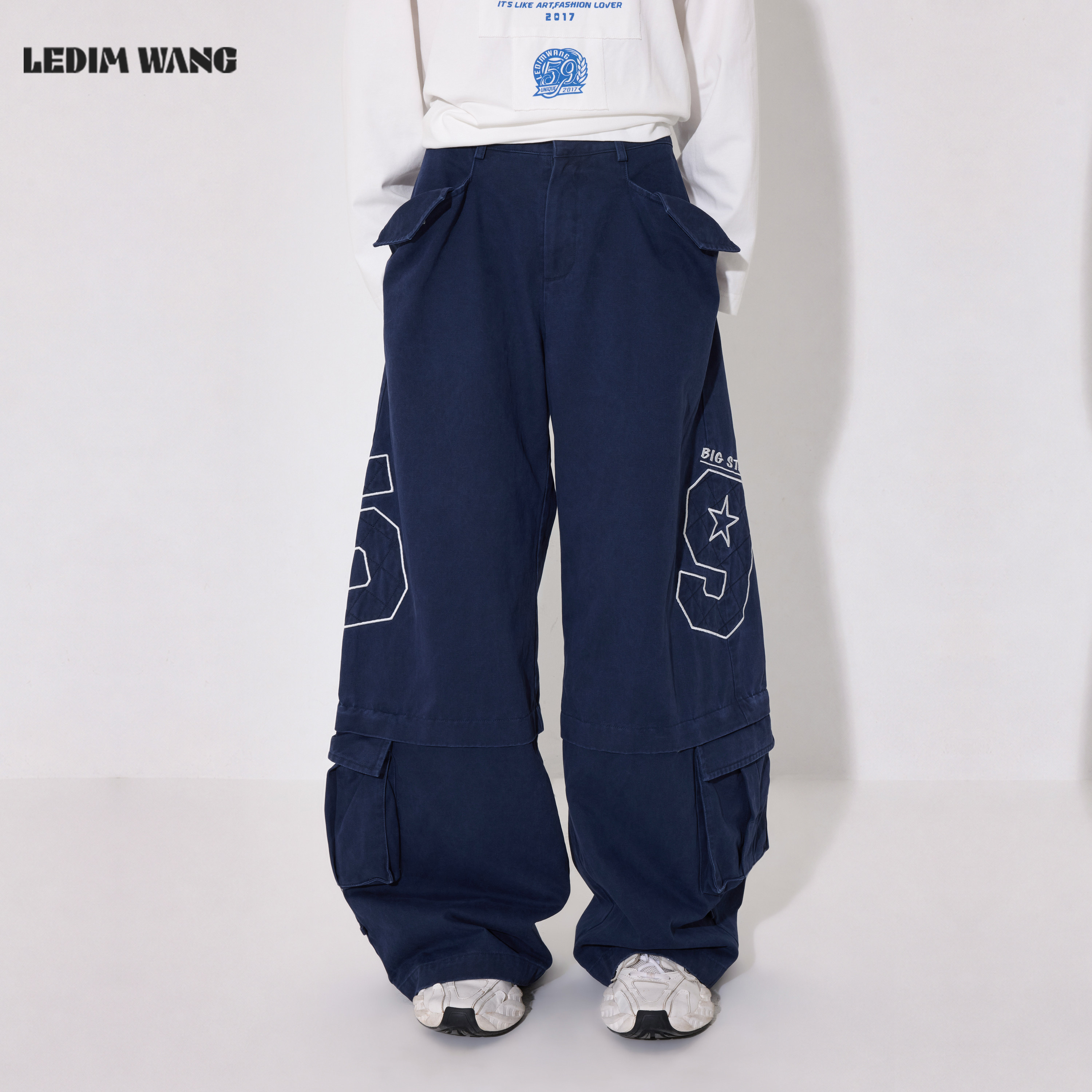 LEDIM WANG复古做旧阔腿休闲裤女款藏青色宽松工装裤2026秋冬新款