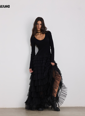 LEDIM WANG针织拼接蕾丝连衣裙长袖蛋糕裙女25冬新款黑色修身长裙
