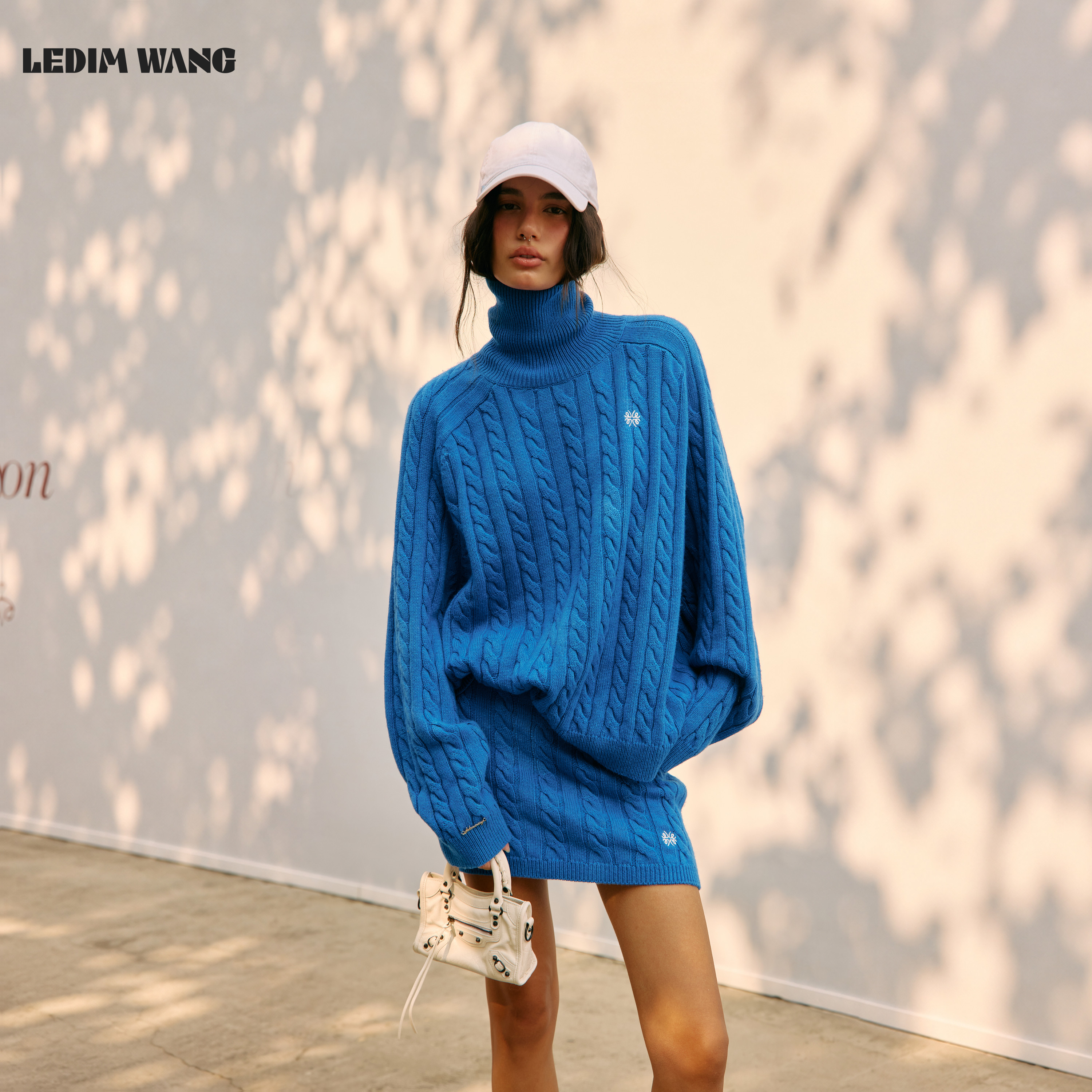 LEDIM WANG高领麻花套头毛衣女蓝色刺绣长袖宽松上衣2026秋冬新款