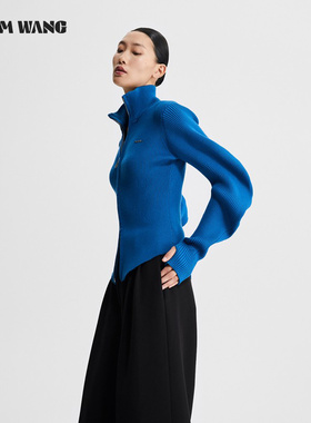 LEDIM WANG克莱因蓝毛衣女秋冬新款波浪袖双拉链针织衫百搭长袖
