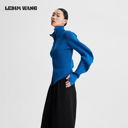 LEDIM WANG克莱因蓝毛衣女秋冬新款波浪袖双拉链针织衫百搭长袖