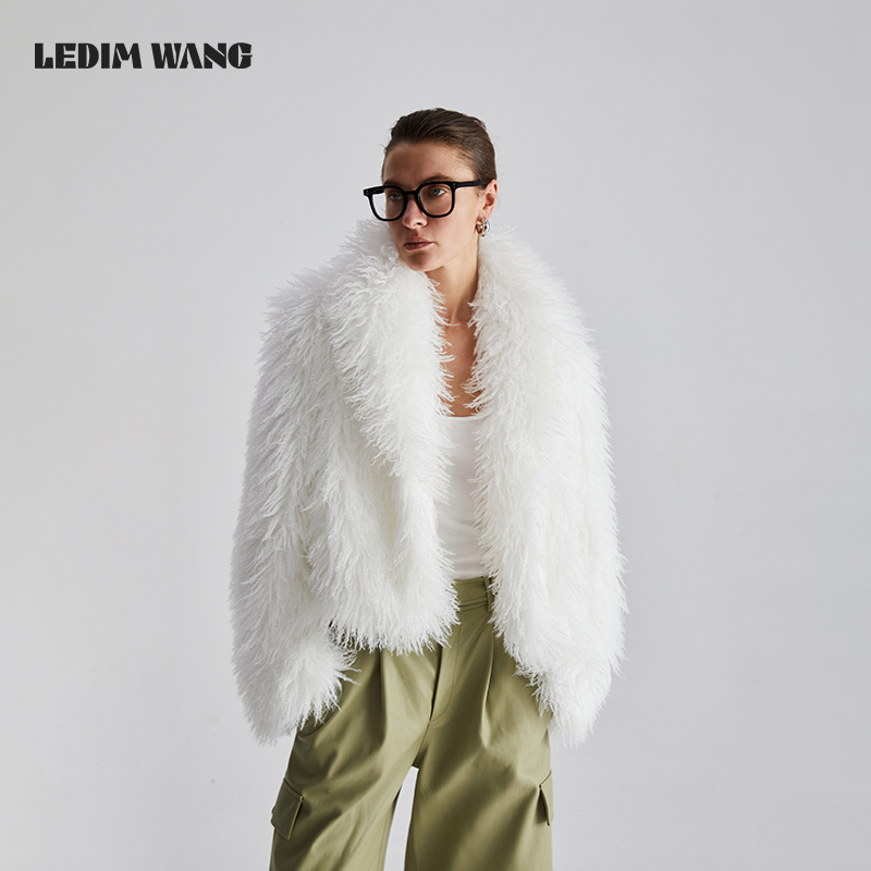 LEDIM WANG白色环保皮草外套女2024冬季新款高级感软糯舒适保暖