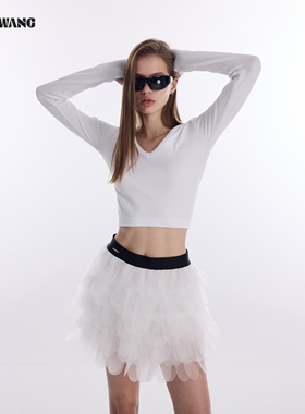 LEDIM WANG撞色松紧腰羽毛半身裙女2026春季新款A摆修身白色短裙