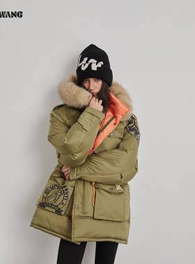 LEDIM WANG白标/街头涂鸦长款棉服外套女25秋冬新款军绿色可拆领