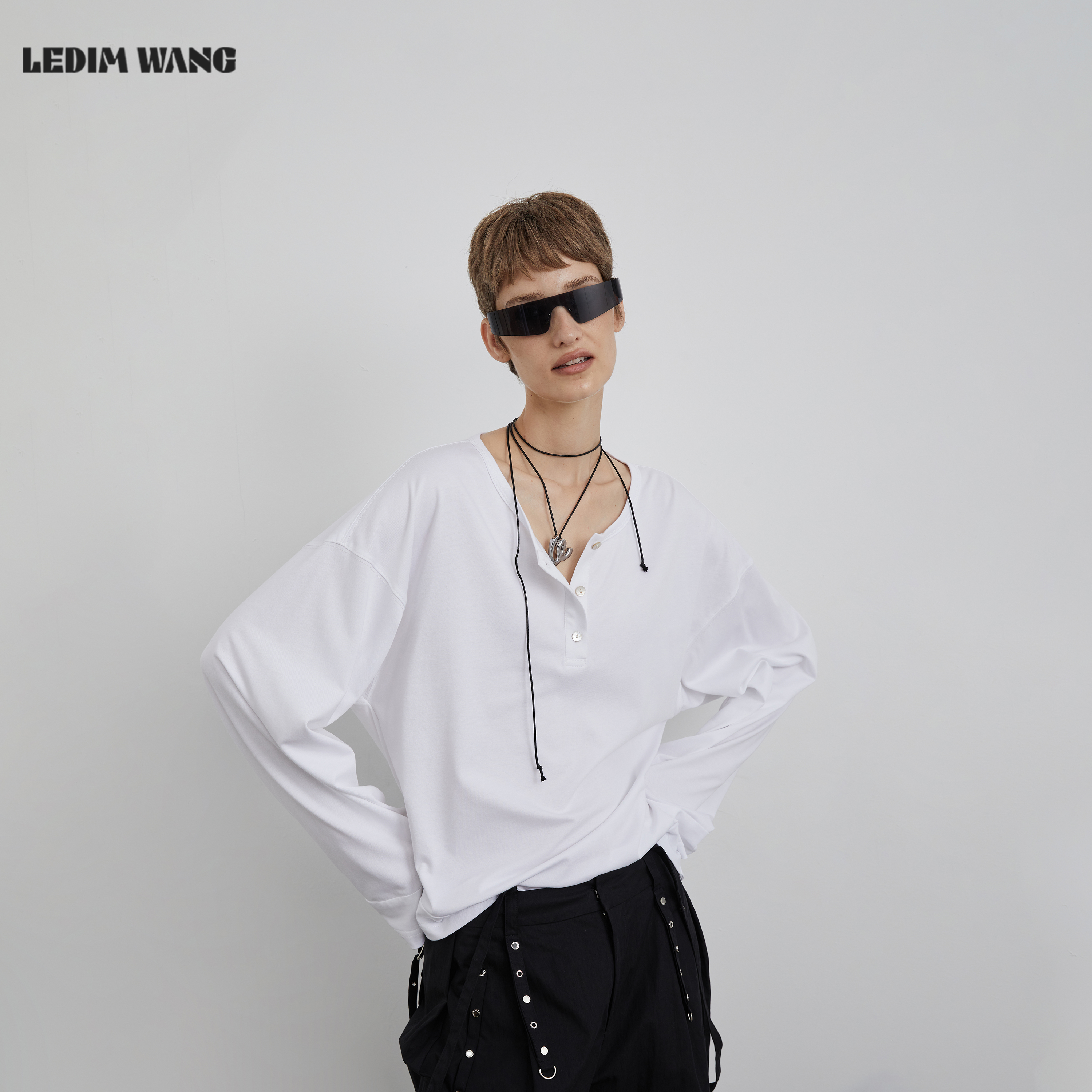 LEDIMWANG亨利领素白T恤长袖