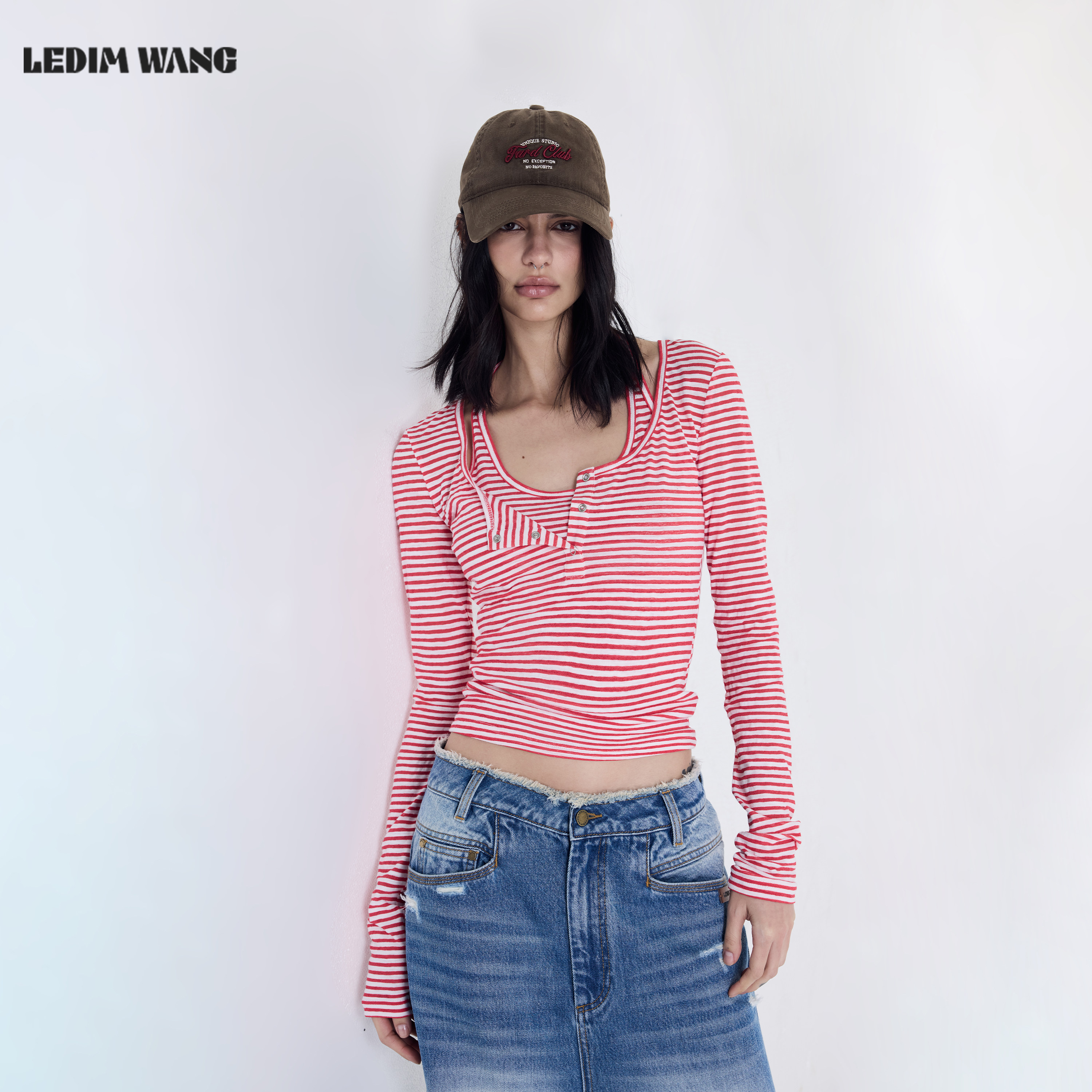 LEDIM WANG假两件挂脖T恤女2026夏季新款红条纹显瘦修身长袖上衣