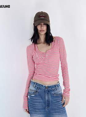 LEDIM WANG假两件挂脖T恤女2026春夏新款红条纹百搭修身长袖上衣