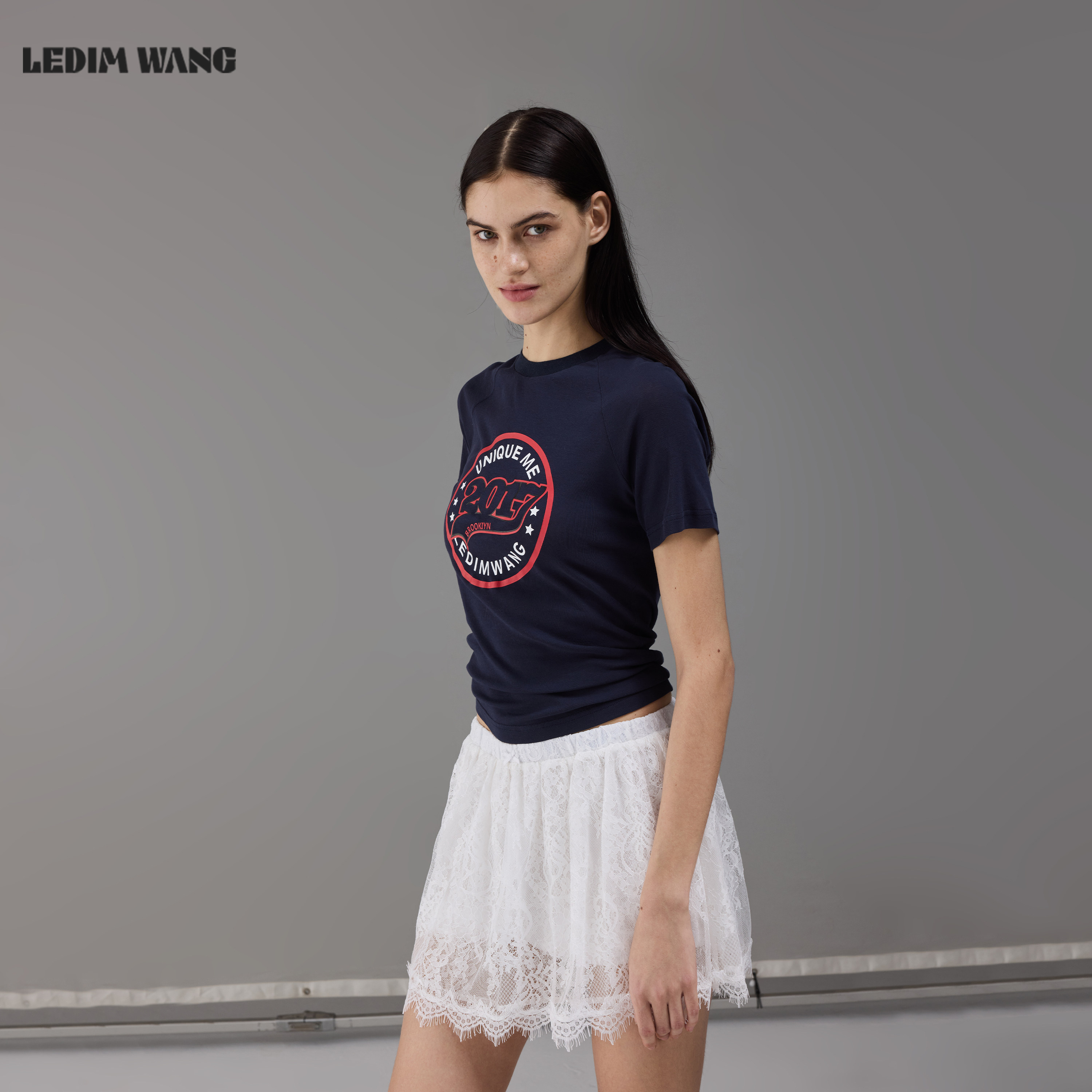 LEDIM WANG法式蕾丝半身裙女2026夏季新款白色松紧腰百搭休闲短裙