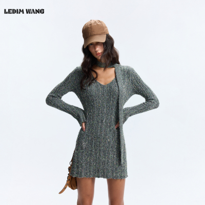 LEDIMWANG针织挂脖飘带连衣裙女