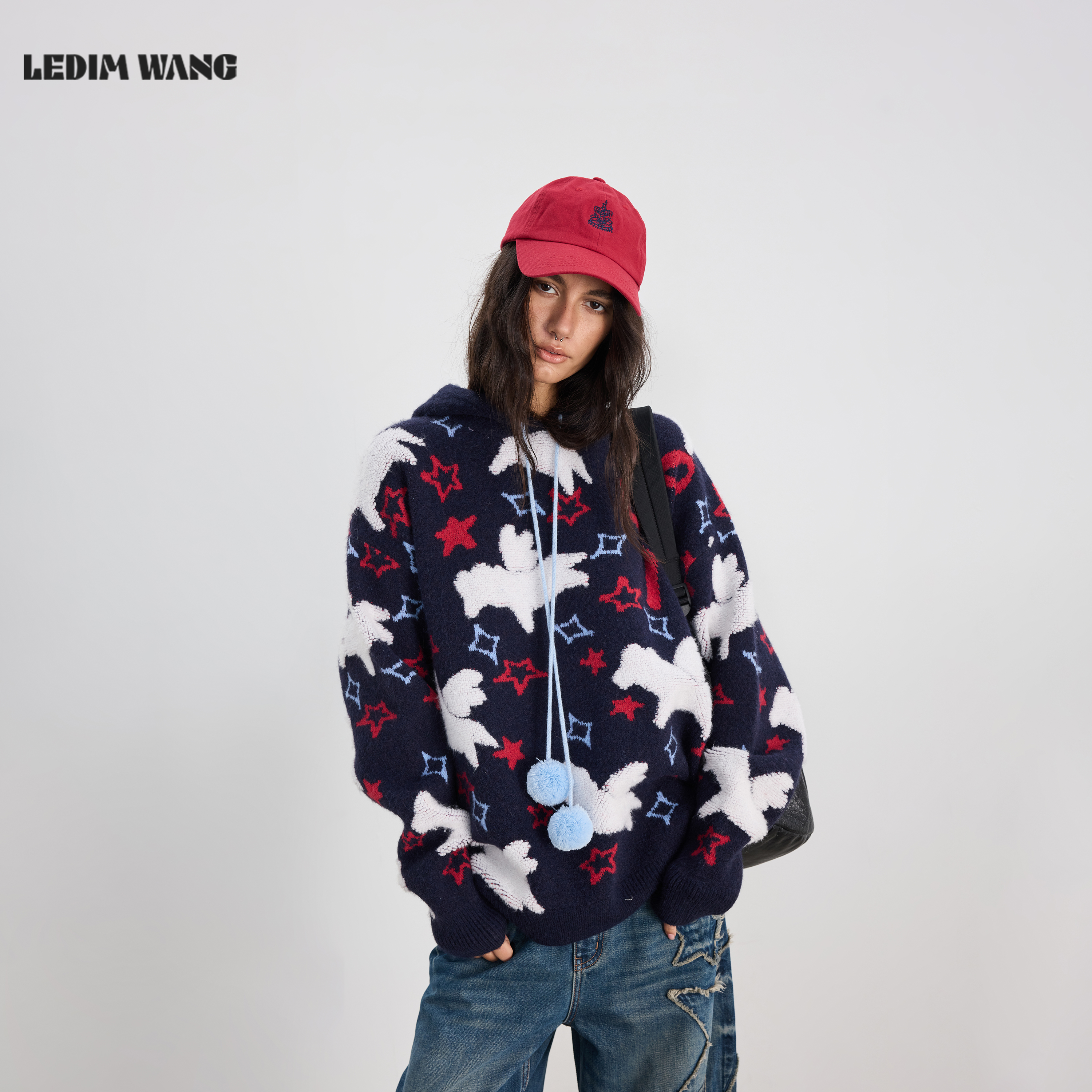 LEDIMWANG立体提花连帽套头毛衣