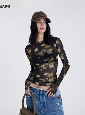 LEDIM WANG微透镂空黑色T恤2026春夏新款印花高弹网纱打底衫女