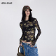 印花高弹网纱打底衫 LEDIM WANG微透镂空黑色T恤2026春夏新款 女