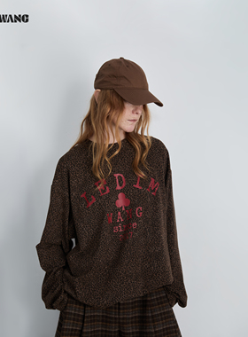 LEDIM WANG复古豹纹印花T恤女25秋冬新款休闲内搭宽松长袖上衣