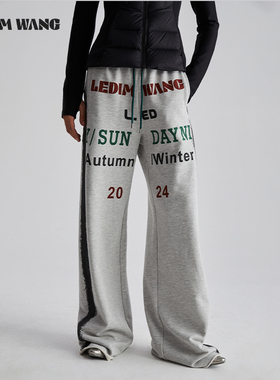 LEDIM WANG美式字母撞色灰色卫裤女秋冬新款宽松直筒百搭休闲长裤