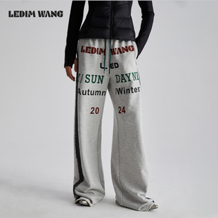 女秋冬新款 LEDIM WANG美式 字母撞色灰色卫裤 宽松直筒百搭休闲长裤