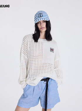 LEDIM WANG网眼套头针织衫女2026春夏新款白色微透宽松长袖上衣