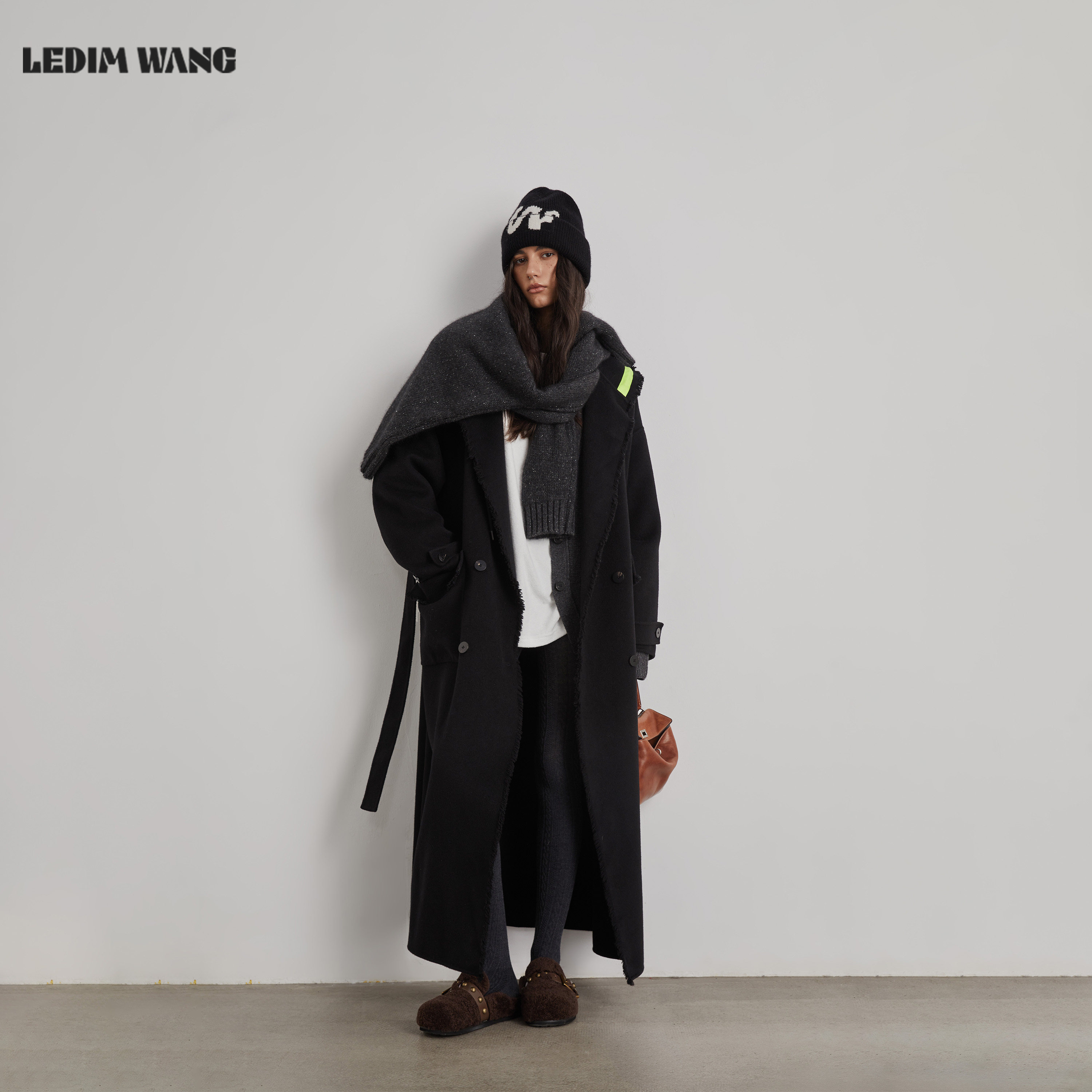 LEDIM WANG黑标/松弛感撞色双面毛呢外套女秋冬新款连帽长袖大衣