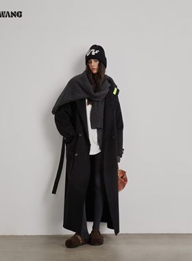 LEDIM WANG黑标/松弛感撞色双面毛呢外套女2025秋冬新款连帽大衣