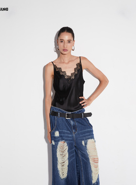 LEDIM WANG【白标系列】蕾丝醋酸摸底吊带背心女2025新款黑色上衣