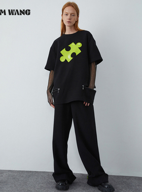 LEDIM WANG设计师原创个性印花短袖圆领上衣假两件钻网T恤女