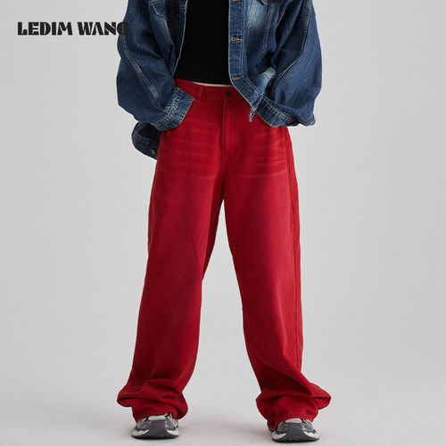 LEDIM WANG复古爵士红直筒牛仔裤女新款休闲宽松高级感直筒裤长裤