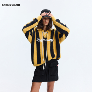 LEDIM WANG撞色条纹绒感绑带毛衣女polo领宽松套头长袖26秋冬新款
