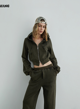 LEDIM WANG红标/做旧刺绣开衫卫衣女25秋季新款连帽短款美式外套