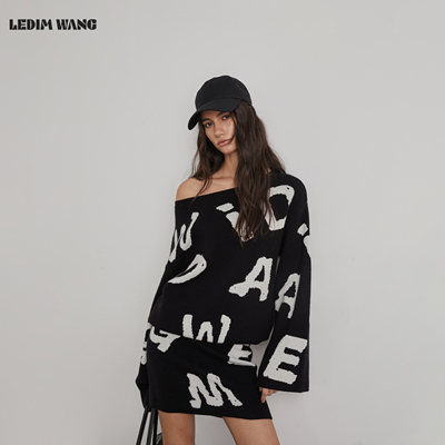 LEDIMWANG一字肩提花毛织连衣裙