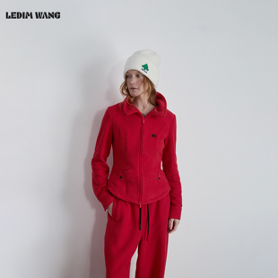 休闲风收腰红色保暖上衣 红色外套女秋冬新款 LEDIM WANG摇粒绒修身