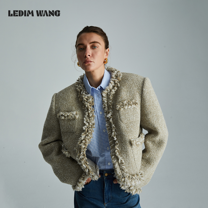 LEDIM WANG小香风毛呢短外套女2024秋季新款高级感流苏毛边上衣