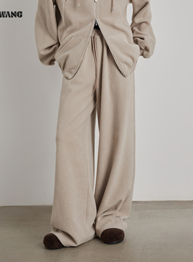 LEDIM WANG摇粒绒羊羔毛宽松休闲裤女25秋冬新款灰杏色慵懒阔腿裤