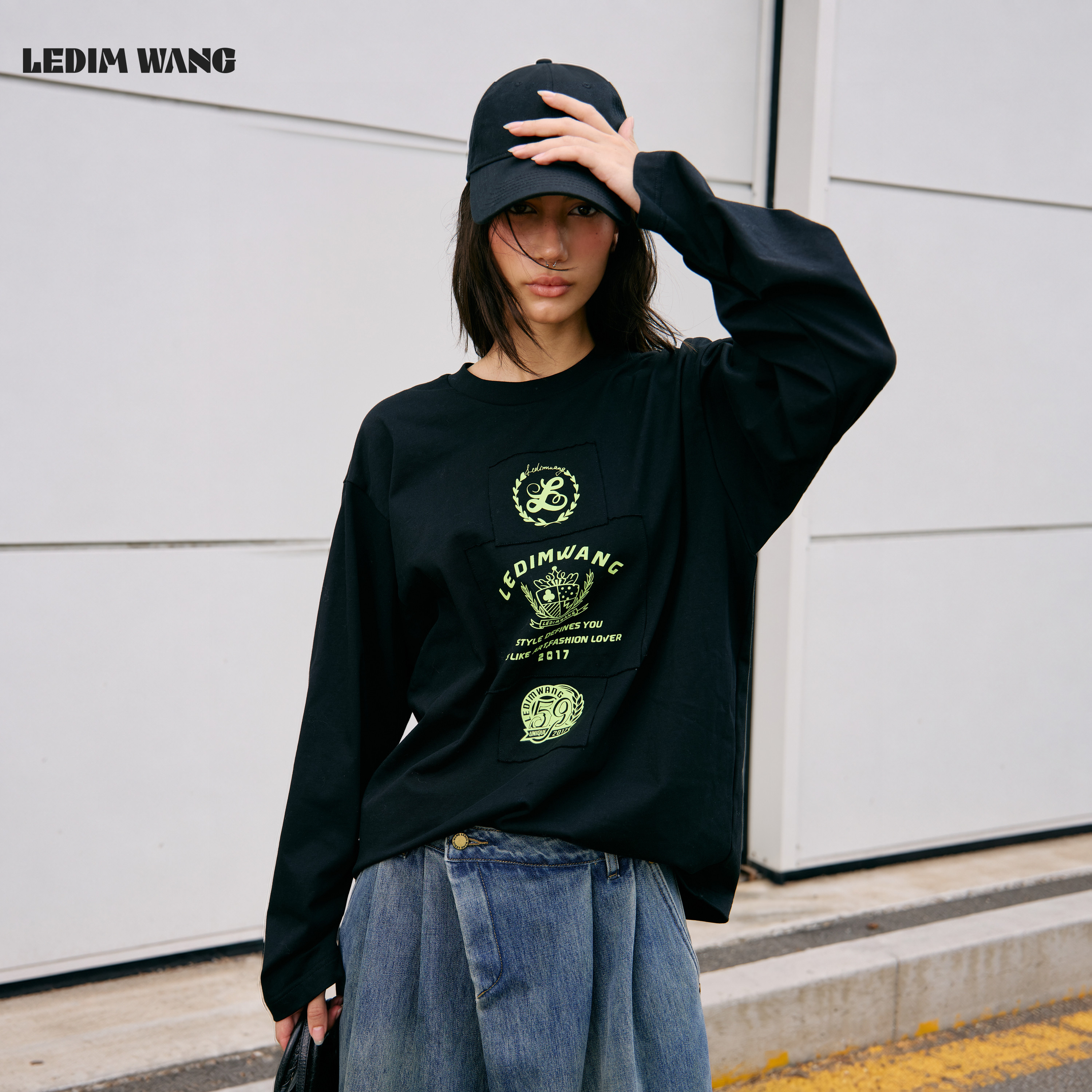 【明星同款】LEDIM WANG美式徽章印花长袖T恤女黑色上衣26秋新款