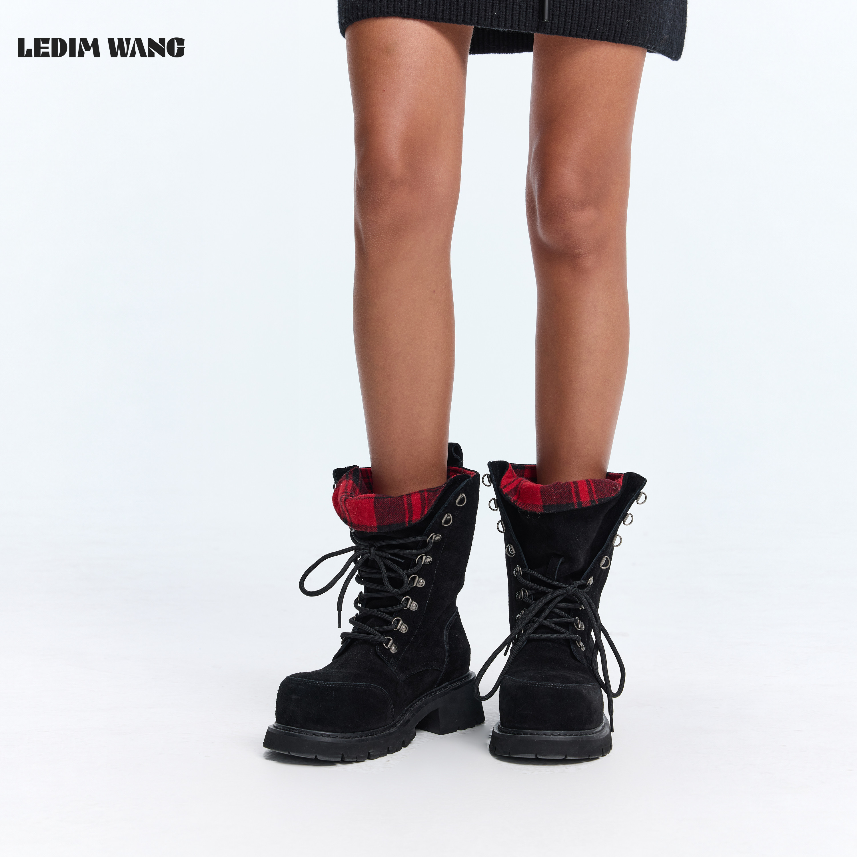 LEDIM WANG麂皮翻边马丁靴女黑色系带一脚蹬厚底工装靴26秋冬新款