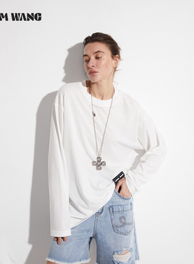 LEDIM WANG【淡人】捏褶白色长袖T恤女春夏新款宽松薄款长袖上衣
